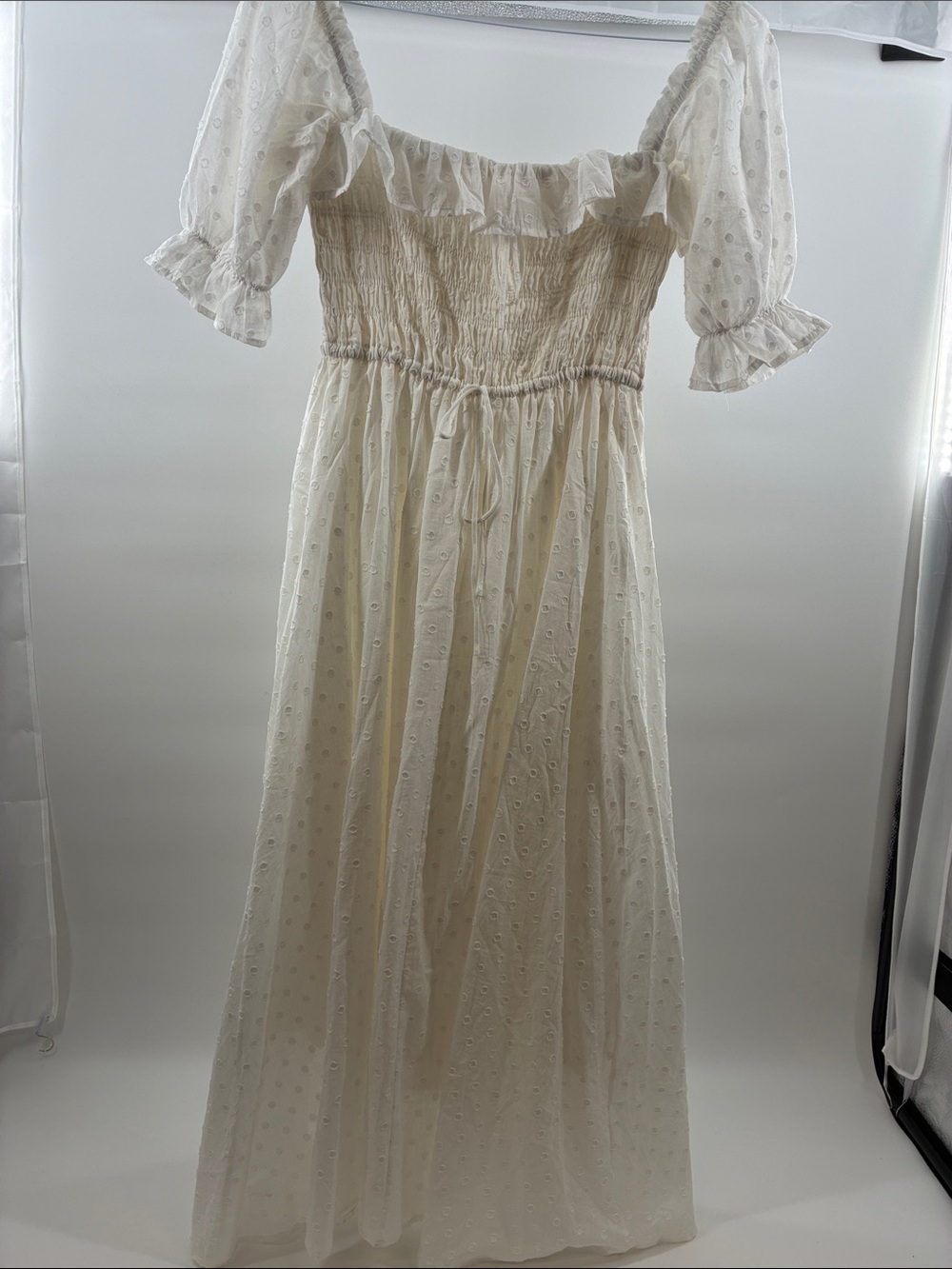 Women's Cream Swiss Dot Maxi Dress with Smocked Bodice